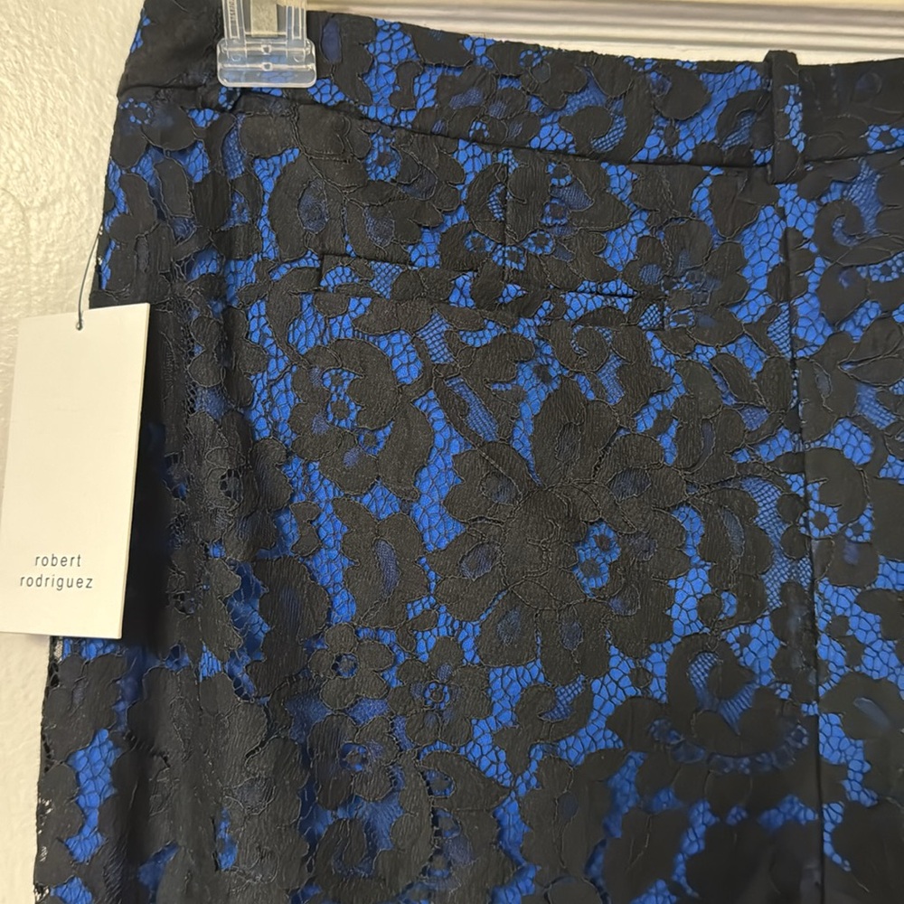 Robert Rodriquez Black Eyelash Lace Cobalt Blue High Waist Cropped Capri 8 NEW - Picture 9 of 13